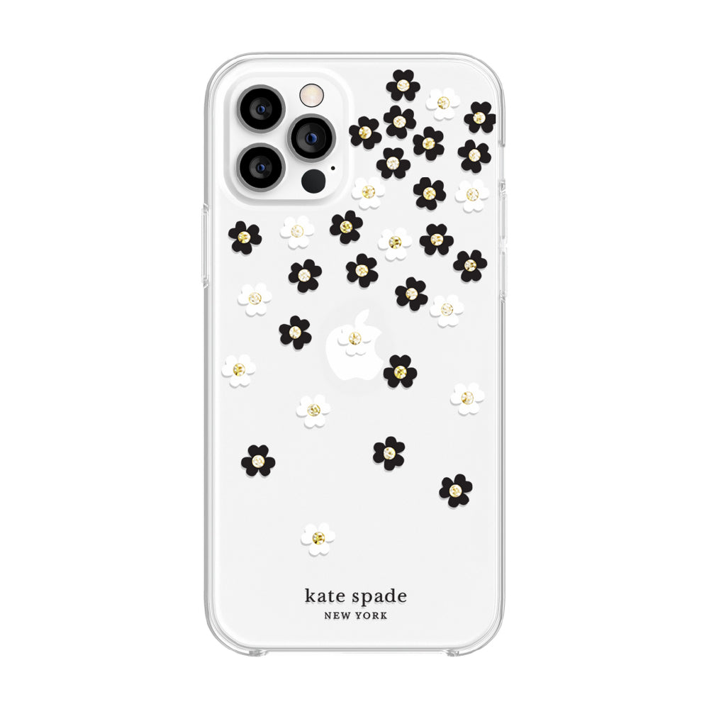 kate spade new york - Protective Hardshell Case for iPhone 12 Pro Max - Scattered Flowers Black/White/Gold Gems/Clear/White Bumper