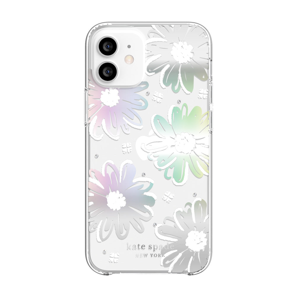 kate spade new york - Protective Hardshell Case for iPhone 12 mini - Daisy Iridescent Foil/White/Clear/Gems