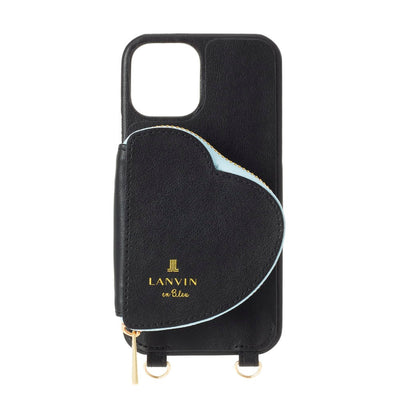 iPhone13Pro - LANVIN en Bleu(ランバン オン ブルー) - WRAP CASE POCKET SIMPLE HEART WITH PEARL TYPE NECK STRAP ストラップ - Black
